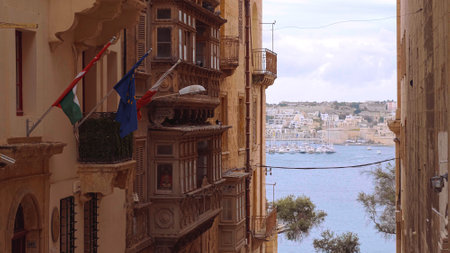 Beautiful house facades in the historic district of Valletta - MALTA, MALTA - MARCH 5, 2020のeditorial素材