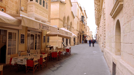 Typical street view in the historic district of Valletta - MALTA, MALTA - MARCH 5, 2020のeditorial素材