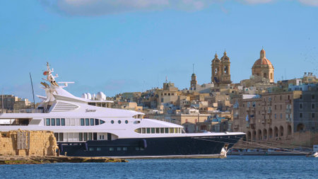 Modern and luxurious yacht in the port of Valletta - MALTA, MALTA - MARCH 5, 2020のeditorial素材
