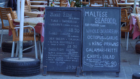Restaurant in the small fishing village of Marsaxlokk in Malta - MALTA, MALTA - MARCH 5, 2020のeditorial素材