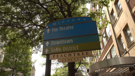 Direction signs on Pechtree street in Midtown Atlanta - ATLANTA, USA - APRIL 20, 2016