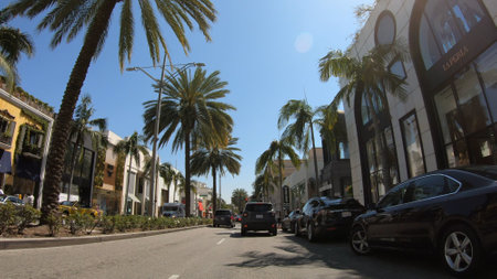 Driving on Rodeo Drive in Beverly Hills - LOS ANGELES. UNITED STATES OF AMERICA - MARCH 18, 2019