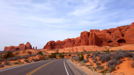 Road through Arches National Park in Utah - UTAH, UNITED STATES OF AMERICA - APRIL 1, 2019
