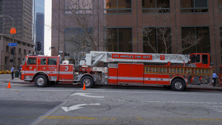 Los Angeles Fire Department Car in downtown - CALIFORNIA, USA - MARCH 18, 2019