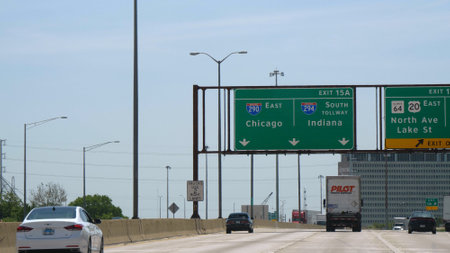 Freeway street signs to Chicago and Indiana - CHICAGO, USA - JUNE 11, 2019のeditorial素材