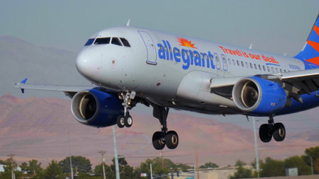 Aircraft lands on the runway of an airport - close up view - LAS VEGAS-NEVADA, OCTOBER 11, 2017のeditorial素材