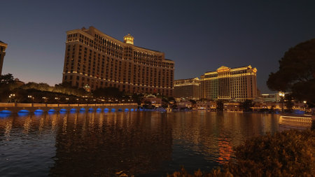 Wonderful lake in front of the Bellagio Hotel in Las Vegas - night view - LAS VEGAS-NEVADA, OCTOBER 11, 2017のeditorial素材
