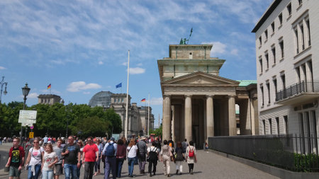 Tourists at Brandenburg Gate in Berlin - a popular place in the city - CITY OF BERLIN, GERMANY - MAY 21, 2018のeditorial素材