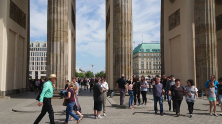 Tourists at Brandenburg Gate in Berlin - a popular place in the city - CITY OF BERLIN, GERMANY - MAY 21, 2018のeditorial素材