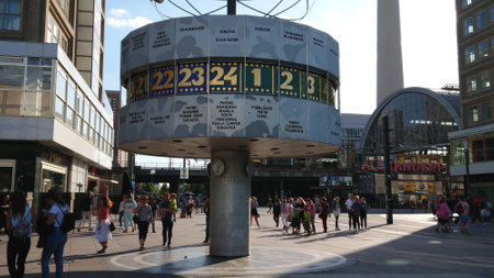 Famous world clock at Alexander Square in Berlin - CITY OF BERLIN, GERMANY - MAY 21, 2018のeditorial素材
