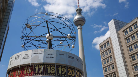 Famous world clock at Alexander Square in Berlin - CITY OF BERLIN, GERMANY - MAY 21, 2018のeditorial素材