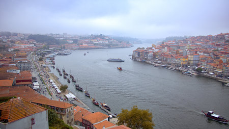 Aerial view over the city of Porto and River Douro - CITY OF PORTO, PORTUGAL - OCTOBER 16, 2019のeditorial素材