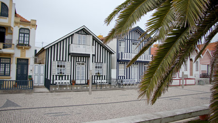 The colorful houses of Costa Nova in Portugal - CITY OF AVEIRO, PORTUGAL - OCTOBER 17, 2019のeditorial素材