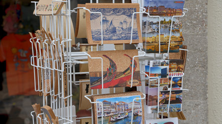 Postcards from Aveiro at a souvenir shop - CITY OF AVEIRO, PORTUGAL - OCTOBER 17, 2019のeditorial素材