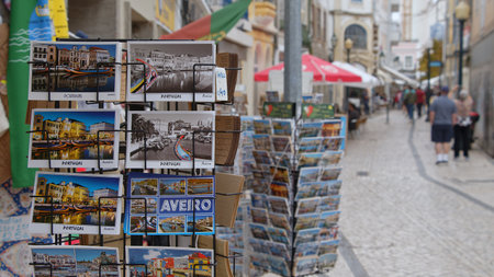 Postcards from Aveiro at a souvenir shop - CITY OF AVEIRO, PORTUGAL - OCTOBER 17, 2019のeditorial素材