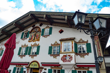 The wonderful and famous painted houses of Oberammergau in Bavaria - OBERAMMERGAU, GERMANY - MAY 27, 2020のeditorial素材