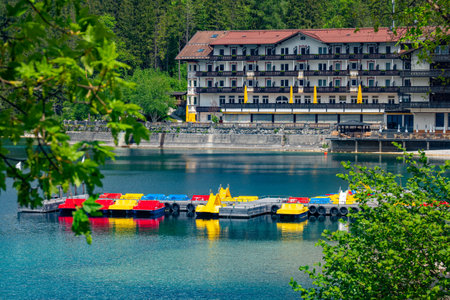 Boat rental at Lake Eibsee in Germany - GRAINAU, GERMANY - MAY 26, 2020のeditorial素材