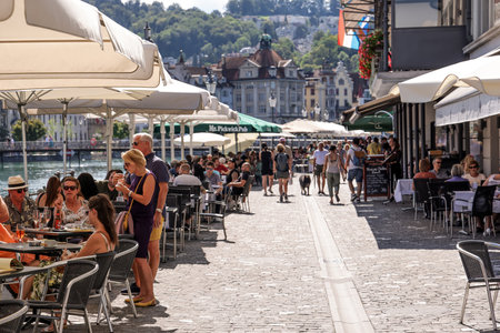 Popular riverfront in the city center of Lucerne - LUCERNE, SWITZERLAND - AUGUST 16, 2020のeditorial素材