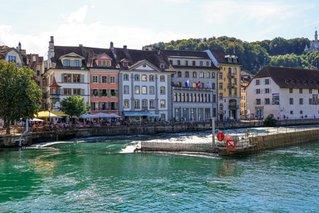 The lakefront of Lake Lucerne in Switzerland - LUCERNE, SWITZERLAND - AUGUST 16, 2020のeditorial素材