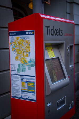 Ticket sales machine for public transport - COUNTY OF BERN. SWITZERLAND - OCTOBER 9, 2020のeditorial素材