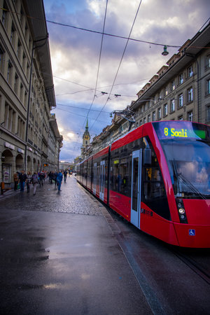 Public transport - trams in the city center of Bern - COUNTY OF BERN. SWITZERLAND - OCTOBER 9, 2020のeditorial素材