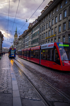 Public transport - trams in the city center of Bern - COUNTY OF BERN. SWITZERLAND - OCTOBER 9, 2020のeditorial素材
