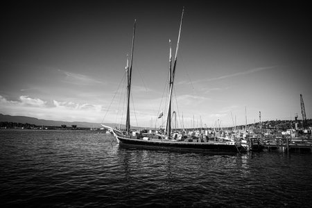 Sailing boat on Lake Geneva in Geneva in Switzerland - GENEVA, SWITZERLAND - JULY 8, 2020のeditorial素材