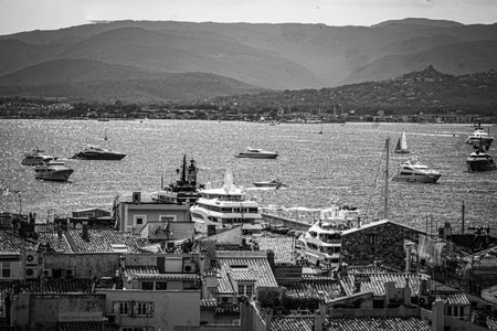 Aerial view over the city of Saint Tropez historic district- ST TROPEZ, FRANCE - JULY 13, 2020のeditorial素材