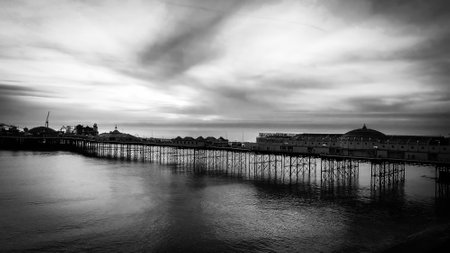 Brighton Pier in England - aerial view in black and white - BRIGHTON, UNITED KINGDOM - DECEMBER 28, 2019のeditorial素材