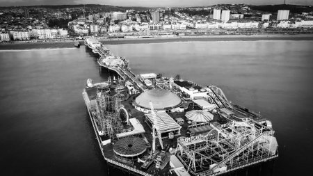 Brighton Pier in England - aerial view in black and white - BRIGHTON, UNITED KINGDOM - DECEMBER 28, 2019のeditorial素材