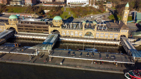 World famous St Pauli Landungsbrucken in the harbour of Hamburg - CITY OF HAMBURG, GERMANY - DECEMBER 25, 2020のeditorial素材
