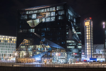 Cube Berlin building at night - CITY OF BERLIN, GERMANY - MARCH 11, 2021のeditorial素材