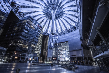 The modern roof of Sony Center Berlin at night - CITY OF BERLIN, GERMANY - MARCH 11, 2021のeditorial素材