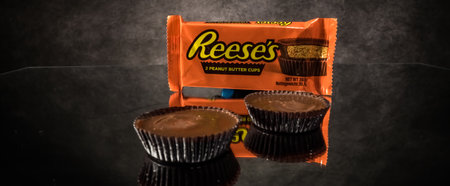 Reeses Peanut Butter Cups - close up view - CITY OF FRANKFURT, GERMANY - MARCH 23, 2021のeditorial素材