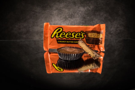 Reeses Peanut Butter Cups - close up view - CITY OF FRANKFURT, GERMANY - MARCH 23, 2021のeditorial素材