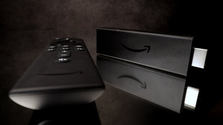 Amazon Fire TV Stick 4k in close-up - CITY OF FRANKFURT, GERMANY - MARCH 29, 2021のeditorial素材