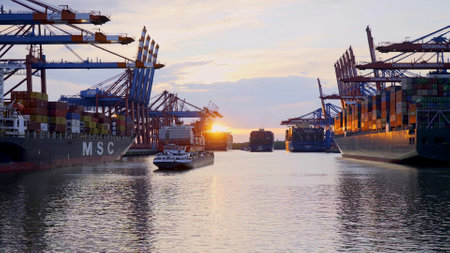 The impressive Port of Hamburg with its huge container terminals - HAMBURG CITY, GERMANY - MAY 10, 2021のeditorial素材