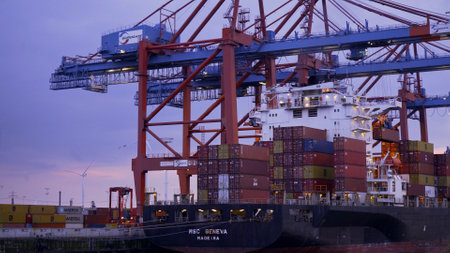 The impressive Port of Hamburg with its huge container terminals - HAMBURG CITY, GERMANY - MAY 10, 2021のeditorial素材