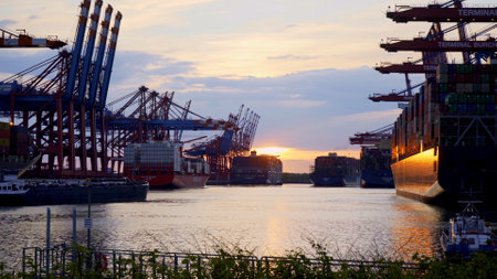 Sunset over the port of Hamburg - HAMBURG CITY, GERMANY - MAY 10, 2021のeditorial素材