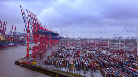 The impressive Port of Hamburg with its huge container terminals - aerial view - HAMBURG, GERMANY - MAY 10, 2021のeditorial素材