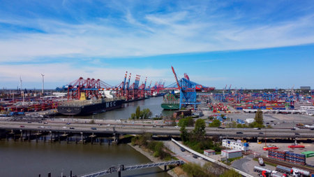 Container Terminal in the Port of Hamburg - HAMBURG, GERMANY - MAY 10, 2021のeditorial素材