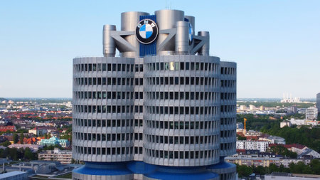BMW Headquarter in Munich - aerial view - MUNICH, GERMANY - JUNE 03, 2021のeditorial素材