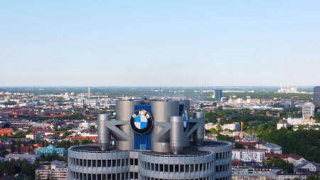 BMW Headquarter in Munich - aerial view - MUNICH, GERMANY - JUNE 03, 2021のeditorial素材