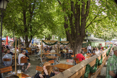 Original Bavarian Beer Garden in Munich - CITY OF MUNICH, GERMANY - JUNE 03, 2021のeditorial素材