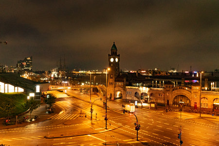 Beautiful harbour of Hamburg by night - CITY OF HAMBURG , GERMANY - MAY 10, 2021