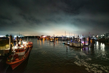 Hamburg harbor - amazing view by night - CITY OF HAMBURG , GERMANY - MAY 10, 2021のeditorial素材