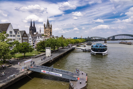 Sightseeing boats on River Rhine in Cologne - CITY OF COLOGNE, GERMANY - JUNE 25, 2021のeditorial素材