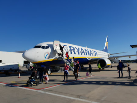 Passengers leave Ryanair Airplane at the airport - CITY OF LUXEMBURG, LUXEMBURG - JUNE 05, 2021のeditorial素材