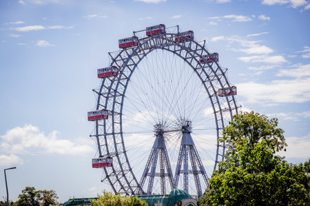 The historic Giant Wheel of Vienna at Prater Entertainment Park - VIENNA, AUSTRIA, EUROPE - AUGUST...