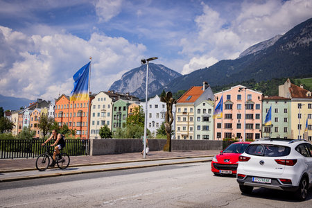 The famous colorful houses at River Inn in Innsbruck - INNSBRUCK, AUSTRIA, EUROPE - JULY 29, 2021のeditorial素材